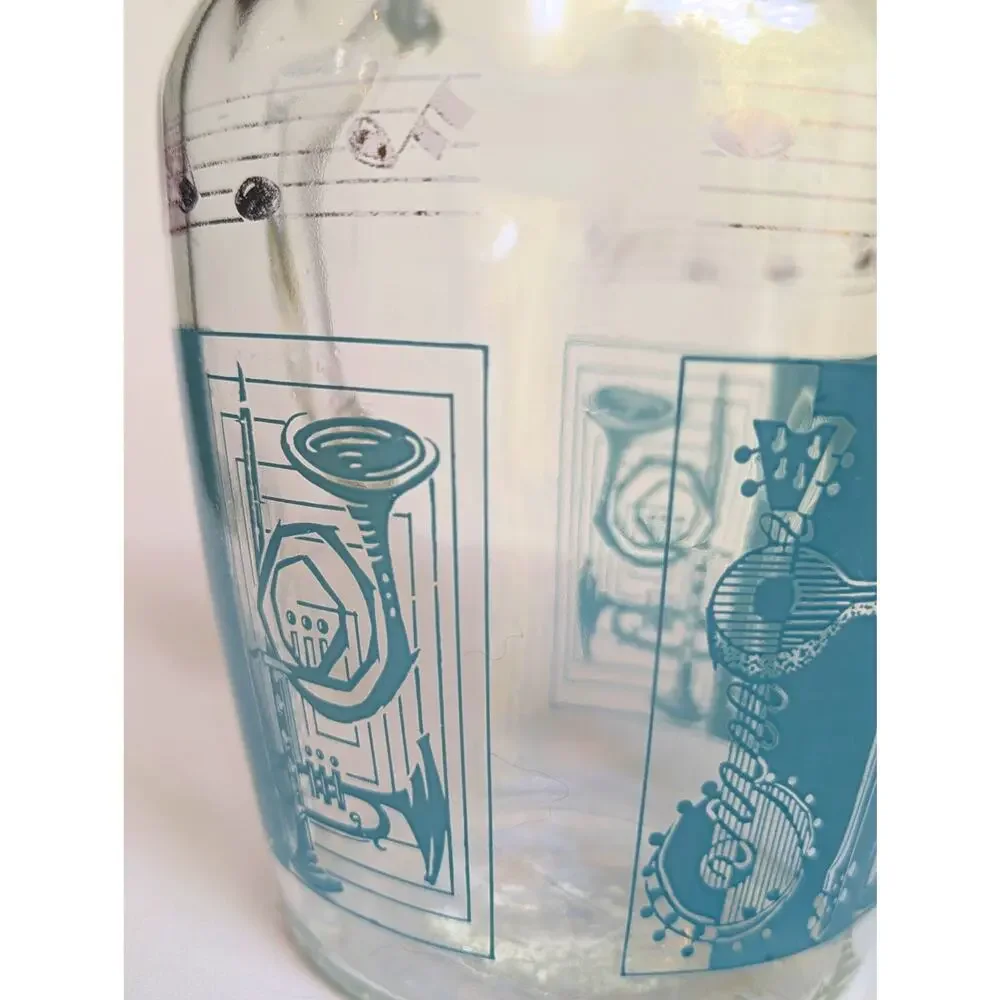 RARE Vintage MCM Glass Pitcher w/ Aqua & Gold Musical Instruments & Notes